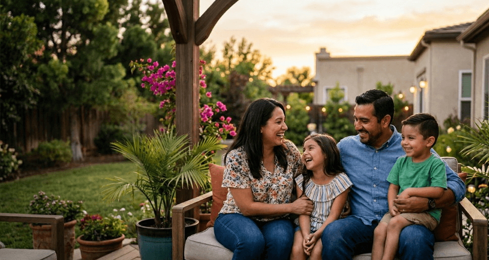 Familia hispana sonriente en el patio al atardecer