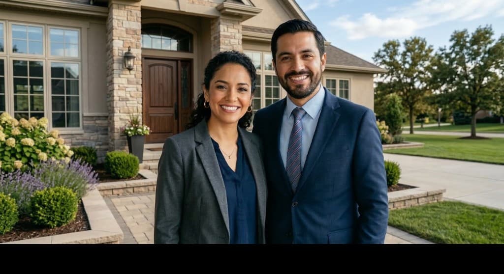 Latin American insurance brokers smiling in professional attire in front of a home